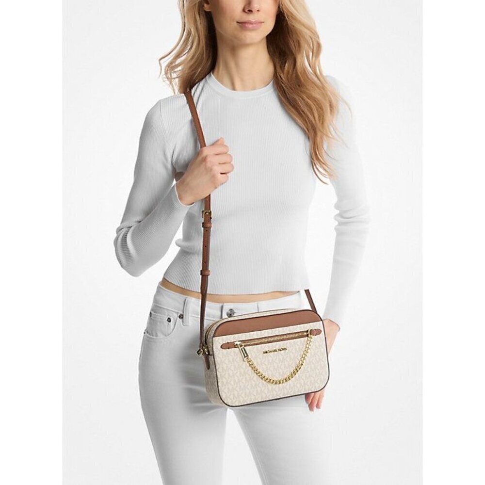Michael Kors Logo Womens Tan Brown Jet Set Large Logo Crossbody Handbags New - Picture 2 of 8